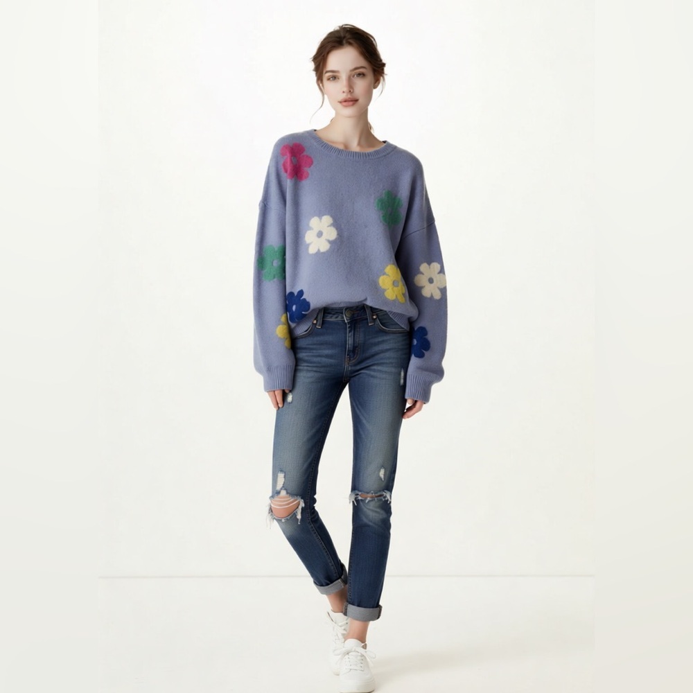 ADORA Woman’s Retro Pastel Floral‎ Crew Neck Sweater Medium
